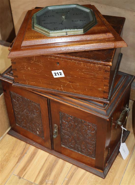 An oak smokers cabinet, a pine box and a barometer